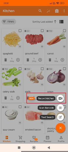 Kitchen page with Record Kitchen button